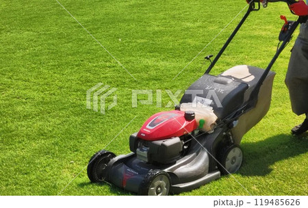 芝刈り機で公園の芝生を綺麗に　Clean the lawn at the park 119485626