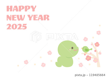 2025年巳年の年賀状素材、かわいいヘビとウグイスと梅の花01 2025年巳年の年賀状素材、かわいいヘビとウグイスと梅の花01 119485664