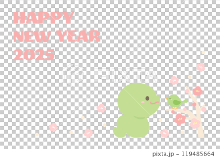 2025年巳年の年賀状素材、かわいいヘビとウグイスと梅の花01 2025年巳年の年賀状素材、かわいいヘビとウグイスと梅の花01 119485664