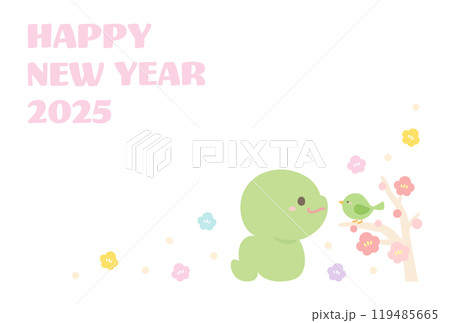 2025年巳年の年賀状素材、かわいいヘビとウグイスと梅の花02 119485665
