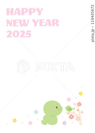 2025年巳年の年賀状素材、かわいいヘビとウグイスと梅の花06 2025年巳年の年賀状素材、かわいいヘビとウグイスと梅の花06 119485672