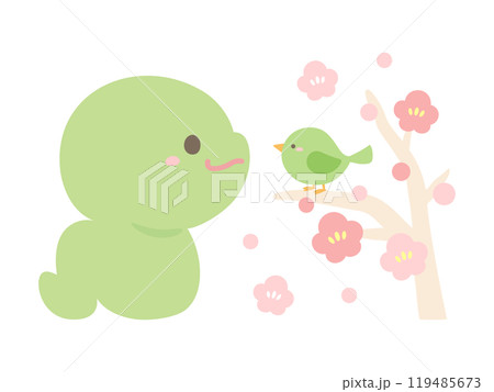 2025年巳年の年賀状素材、かわいいヘビとウグイスと梅の花のベクターイラスト 119485673