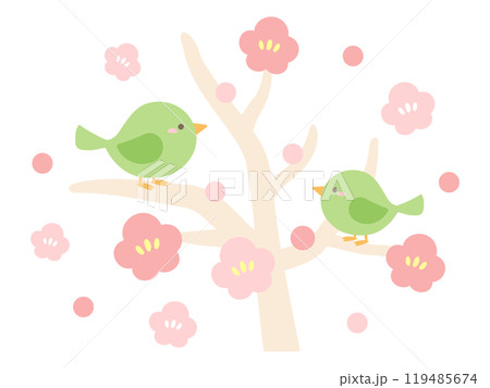 かわいいウグイスと梅の花のベクターイラスト 119485674