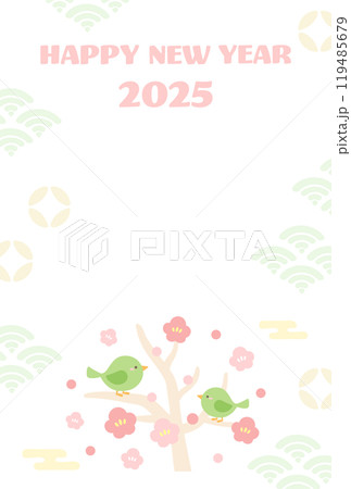 かわいいウグイスと梅の花の年賀状テンプレート05 119485679
