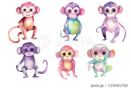 watercolor set illustration of wild monkey in jungle isolated on white background watercolor set illustration of wild monkey in jungle isolated on white background 119485708