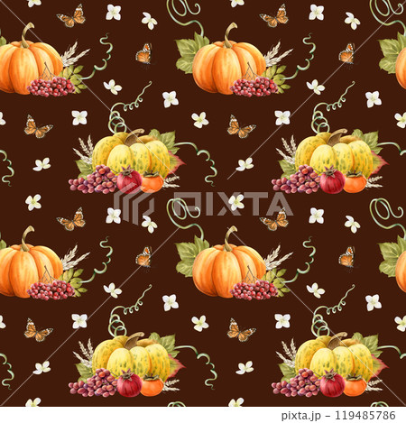 Autumn vegetables and fruits harvest with butterflies and tiny flowers watercolor seamless pattern on dark brown. Orange yellow pumpkins with grapes, rowanberries and pomegranate. Fall farm background Autumn vegetables and fruits harvest with butterflies and tiny flowers watercolor seamless pattern on dark brown. Orange yellow pumpkins with grapes, rowanberries and pomegranate. Fall farm background 119485786