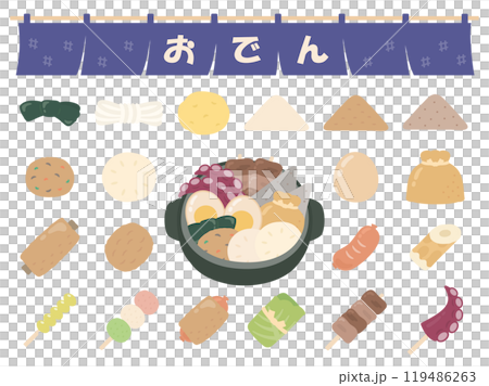 Oden pot, ingredients and curtain illustration set 02 Oden pot, ingredients and curtain illustration set 02 119486263