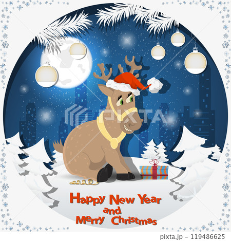 Illustration of the New Year and Christmas A deer in a Santa hat among the fir trees in the snow in a clearing 119486625