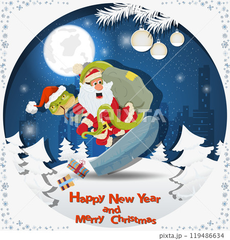 Illustration of the New Year and Christmas A snake and Santa snowboarding among fir trees in the snow in a clearing Illustration of the New Year and Christmas A snake and Santa snowboarding among fir trees in the snow in a clearing 119486634