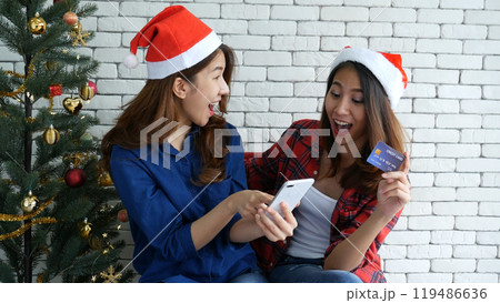 Two siblings Women online shopping use digital tablet paying via Creditcard on Christmas holidays. Happy season xmas holiday shopping gift for party. Happy new year Christmas holiday concept Two siblings Women online shopping use digital tablet paying via Creditcard on Christmas holidays. Happy season xmas holiday shopping gift for party. Happy new year Christmas holiday concept 119486636
