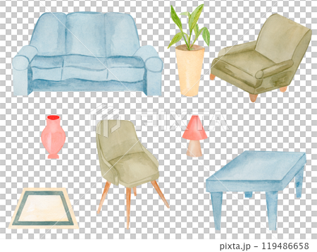 Watercolor living room Set with chair, table, sofa, lamp, and flower for home design Watercolor living room Set with chair, table, sofa, lamp, and flower for home design 119486658