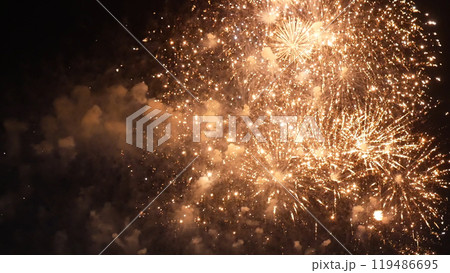 Golden Firework celebrate anniversary independence day night time celebrate national holiday. Countdown to new year 2023 party time event. Happy new year 2023, 4th of july holiday festival concept 119486695