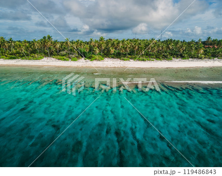 Maldives coastline with beach, palms trees and clear ocean. Maldives coastline with beach, palms trees and clear ocean. 119486843