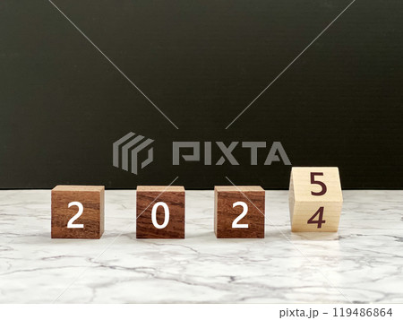 2024から2025に文字が変わる木の立方体_大理石の上 119486864