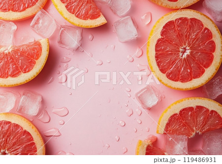 Slices of grapefruit arranged with ice cubes on a pink background for a refreshing drink idea 119486931
