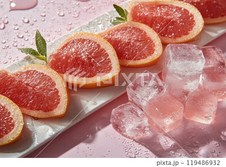 Slices of grapefruit arranged with ice cubes on a pink background for a refreshing drink idea 119486932