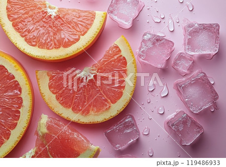 Slices of grapefruit arranged with ice cubes on a pink background for a refreshing drink idea 119486933