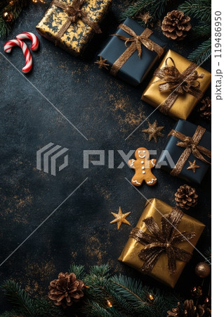 Festive holiday arrangement with gifts, candy canes, and decorations in dark setting 119486950