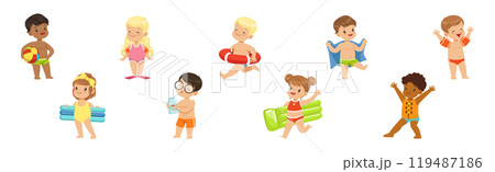 Cute Kids at Beach and Seaside Have Summer Vacation Vector Set Cute Kids at Beach and Seaside Have Summer Vacation Vector Set 119487186