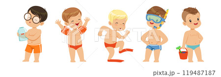 Cute Kids at Beach and Seaside Have Summer Vacation Vector Set 119487187