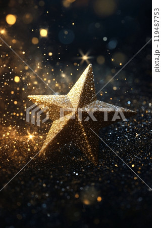 Golden star surrounded by sparkling light particles in a dark background setting 119487753