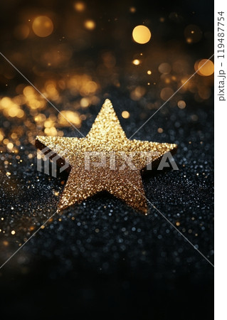 Golden star surrounded by sparkling light particles in a dark background setting 119487754
