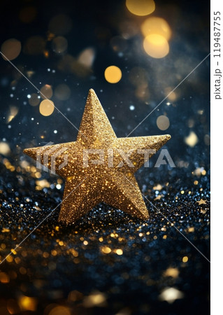 Golden star surrounded by sparkling light particles in a dark background setting 119487755