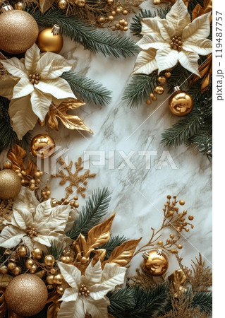 Elegant holiday wreath adorned with golden accents and festive flowers 119487757