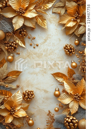 Elegant holiday wreath adorned with golden accents and festive flowers 119487758
