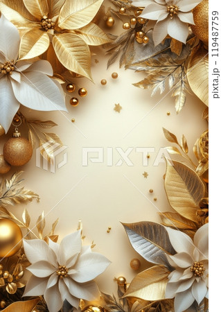 Elegant holiday wreath adorned with golden accents and festive flowers 119487759
