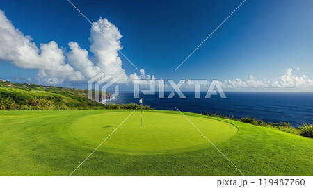 Stunning coastal golf course with ocean views and vibrant green fairway under a clear blue sky 119487760
