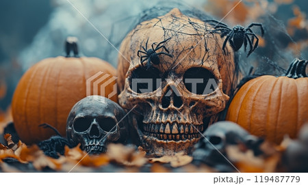 Festive autumn Halloween decoration featuring pumpkins and skulls with colorful leaves around Festive autumn Halloween decoration featuring pumpkins and skulls with colorful leaves around 119487779