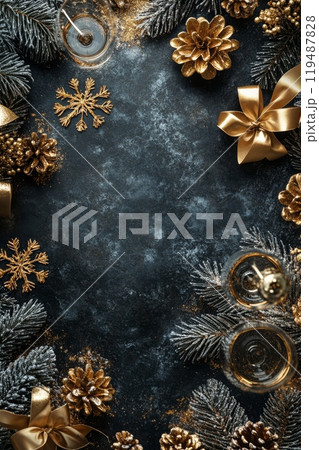 Elegant festive arrangement with gold decorations and pine on a dark surface for celebration 119487828