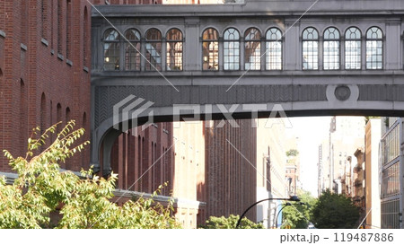 New York City street, Chelsea Market skybridge. Industrial architecture. Manhattan High Line, USA. 119487886