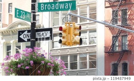 Broadway street road sign, Manhattan midtown architecture, New York City. Traffic signage of 23 st. 119487949