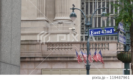 New York City Grand Central Terminal, 42 street sign, Park Avenue, Pershing Square. American flag. New York City Grand Central Terminal, 42 street sign, Park Avenue, Pershing Square. American flag. 119487961