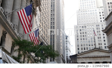 New York Manhattan Downtown Financial District, USA. American Wall street Stock Exchange building. 119487980