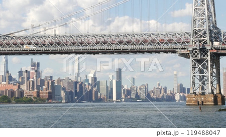 New York City skyline from ferry boat. Manhattan midtown, East river, Williamsburg Bridge, USA. New York City skyline from ferry boat. Manhattan midtown, East river, Williamsburg Bridge, USA. 119488047