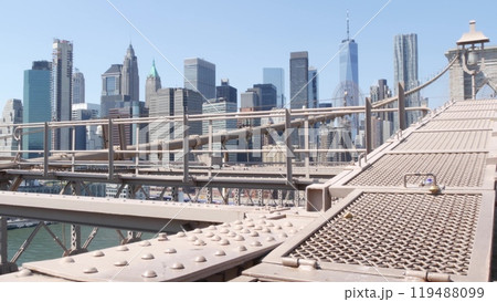 Brooklyn Bridge to Manhattan downtown. New York City skyline cityscape. World Trade Center, USA. 119488099