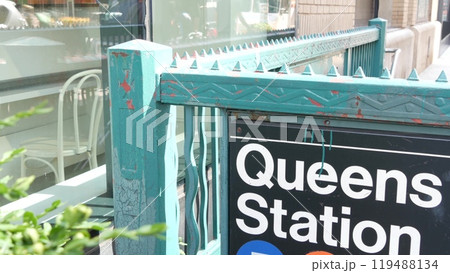 New York subway sign, Queens underground metro station. Metropolitan entrance, public transport exit 119488134