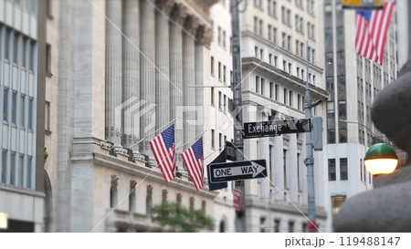 New York Manhattan Downtown Financial District, USA. American Wall street. Stock Exchange. Road sign New York Manhattan Downtown Financial District, USA. American Wall street. Stock Exchange. Road sign 119488147