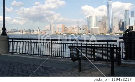 New York City waterfront skyline, Manhattan Downtown Financial district, World Trade Center cityscape 119488217