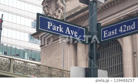 New York City Grand Central Terminal, 42 street, Park Avenue road sign, Pershing Square architecture 119488257