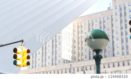New York City subway entrance globe, orb lamp. Traffic light, Manhattan downtown, underground metro. 119488320