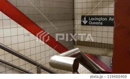 New York subway station interior, text sign. Manhattan underground metropolitan. United States metro 119488409