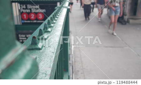 New York subway sign, underground metro station. Metropolitan entrance fence, 34 street Penn Station New York subway sign, underground metro station. Metropolitan entrance fence, 34 street Penn Station 119488444