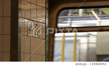 New York subway station, underground metropolitan platform sign. Metro railway passenger transport. 119488452
