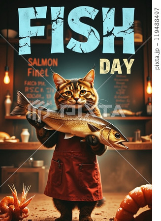 cute cat cook cooking fish 119488497