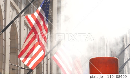 New York Manhattan Downtown Financial District. American USA flag on Wall street near Stock Exchange 119488499