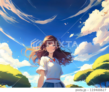 空を見上げる若い女性のイメージ素材 空を見上げる若い女性のイメージ素材 119488627